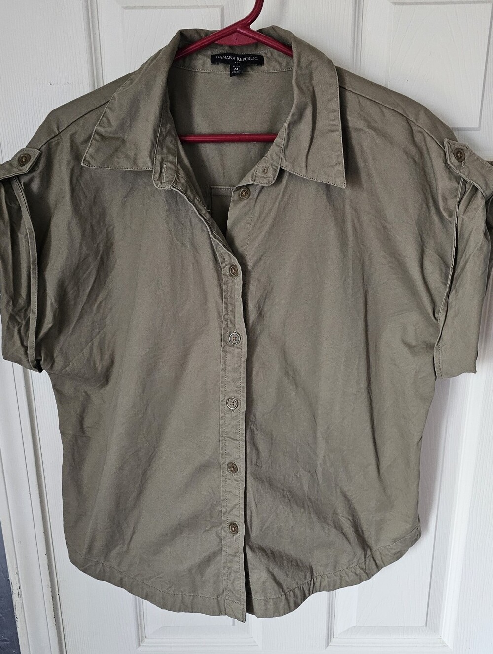 Banana Republic Womens Short Sleeve Utility Button Down Top Khaki / Olive Green